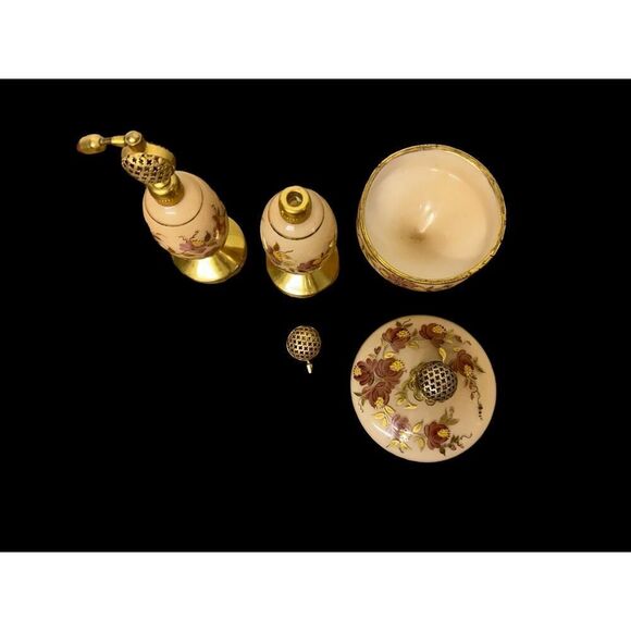 Vintage Satin Glass Vanity Set with Hand Painted Floral Design and Gold Trim - Picture 6 of 8